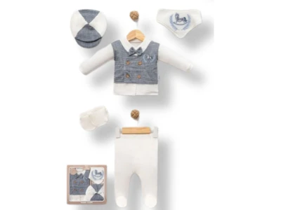 Toptan BABY ZUHU At Nakışlı Erkek Bebe Hastane Çıkış 5li Set  أزرق - Beniz Bebe
