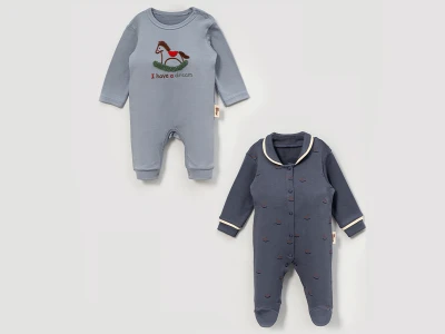 At Nakışlı İkili Erkek Bebe Tulum Set