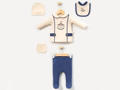 Toptan CAYZEN Atlı Karınca Nakışlı 5li Erkek Yenidoğan Set - Toptan Çocuk Giyim Beniz Kids