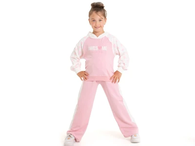 Toptan COOL KİDS Awesome Baskılı Kalp Desenli Kapşonlu Kız Takım  PEMBE - Beniz Bebe
