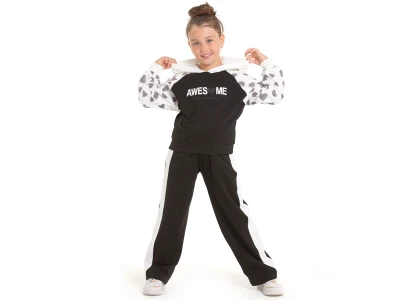 Toptan COOL KİDS Awesome Baskılı Kalp Desenli Kapşonlu Kız Takım  SİYAH - Beniz Bebe