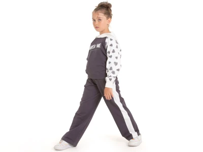 Toptan COOL KİDS Awesome Baskılı Kalp Desenli Kapşonlu Kız Takım  GRİ - Beniz Bebe