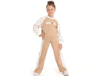 Toptan COOL KİDS Awesome Baskılı Kalp Desenli Kapşonlu Kız Takım  BEJ - Beniz Bebe