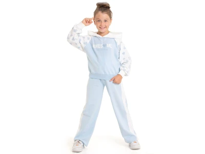 Toptan COOL KİDS Awesome Baskılı Kalp Desenli Kapşonlu Kız Takım  AÇIKMAVİ - Beniz Bebe