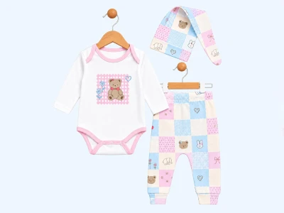 Toptan SÜPERMİNİ Ayı Baskılı 3'lü Kız Bebek Takım - Toptan Çocuk Giyim Beniz Kids