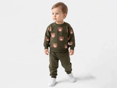 Toptan GÖZDE Ayı Baskılı Erkek Bebek Takım Khaki - Beniz Bebe