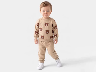 Toptan GÖZDE Ayı Baskılı Erkek Bebek Takım Beige - Beniz Bebe