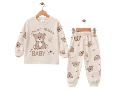 Toptan SÜPERMİNİ Ayı Baskılı Erkek Pijama Takımı Beige - Beniz Bebe