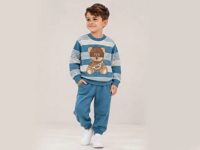 Toptan BICIR KİDS Ayı Baskılı Erkek Takım MAVİ - Beniz Bebe