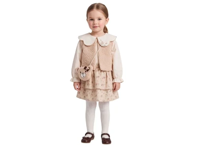 Toptan AYD KİDS Ayı Çantalı Yelekli Kız Çocuk Elbise - Toptan Çocuk Giyim Beniz Kids