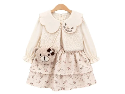 Toptan AYD KİDS Ayı Çantalı Yelekli Kız Çocuk Elbise Cream - Beniz Bebe