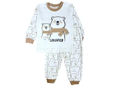 Toptan SÜPERMİNİ  Ayı Desenli Erkek Pijama Takım  KAHVERENGİ - Beniz Bebe