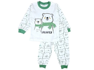 Toptan SÜPERMİNİ  Ayı Desenli Erkek Pijama Takım  YEŞİL - Beniz Bebe