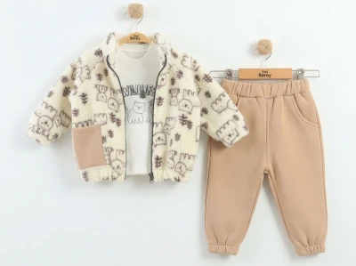 Toptan MİNİ BARAY Ayı Desenli Peluş Ceketl Üçlü Erkek Takım Коричневый - Beniz Bebe