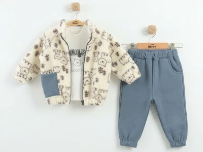 Toptan MİNİ BARAY Ayı Desenli Peluş Ceketl Üçlü Erkek Takım СИНИЙ - Beniz Bebe
