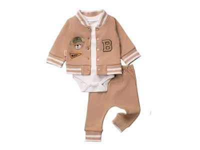 Toptan HOPY BABY Ayı Detaylı 3'lü Erkek Takım AÇIKKAHVE - Beniz Bebe