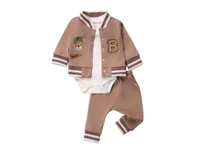 Toptan HOPY BABY Ayı Detaylı 3'lü Erkek Takım KAHVERENGİ - Beniz Bebe