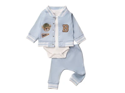 Toptan HOPY BABY Ayı Detaylı 3'lü Erkek Takım MAVİ - Beniz Bebe