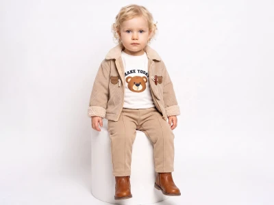 Toptan BEBLY Ayı Detay 3'lü Erkek Bebek Takım CAMEL - Beniz Bebe