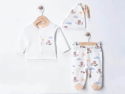 Toptan MY BERRY Ayıcı Baskılı Üçlü Erkek Yenidoğan Zıbın Set - Toptan Çocuk Giyim Beniz Kids