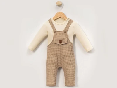 Toptan CAYZEN Ayıcık Armalı Erkek Bebe Salopet Takım  KAHVERENGİ - Beniz Bebe