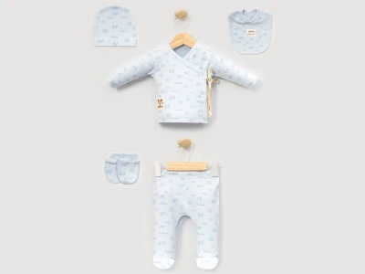 Toptan CAYZEN Ayıcık Armalı Ev Desenli Erkek Bebe Hastane Çıkışı 5'li Set - Toptan Çocuk Giyim Beniz Kids