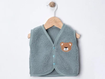 Toptan DENİTO Ayıcık Armalı Kuzu Unisex Bebe Yelek SUYEŞİLİ - Beniz Bebe