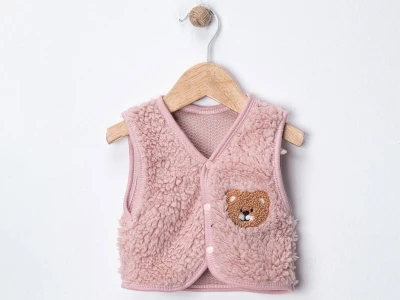 Toptan DENİTO Ayıcık Armalı Kuzu Unisex Bebe Yelek GÜLKURUSU - Beniz Bebe