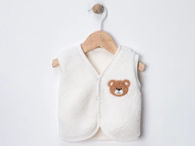 Toptan DENİTO Ayıcık Armalı Kuzu Unisex Bebe Yelek BEYAZ - Beniz Bebe