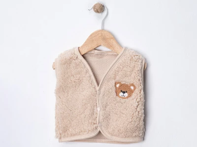 Toptan DENİTO Ayıcık Armalı Kuzu Unisex Bebe Yelek BEJ - Beniz Bebe