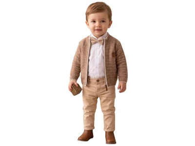 Toptan NOWA Ayıcık Armalı Triko Hırkalı Papyonlu Erkek Bebe Üçlü Takım  - Toptan Çocuk Giyim Beniz Kids
