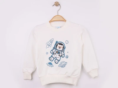 Toptan WENGE KİDS Ayıcık Baskılı 2 İp Erkek Sweat  BEYAZ - Beniz Bebe