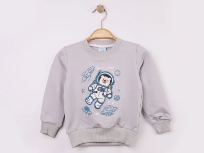Toptan WENGE KİDS Ayıcık Baskılı 2 İp Erkek Sweat  GRİ - Beniz Bebe