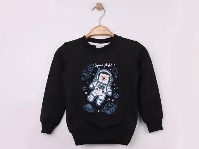 Toptan WENGE KİDS Ayıcık Baskılı 2 İp Erkek Sweat  SİYAH - Beniz Bebe