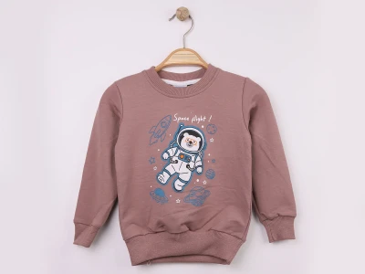 Toptan WENGE KİDS Ayıcık Baskılı 2 İp Erkek Sweat  KAHVERENGİ - Beniz Bebe