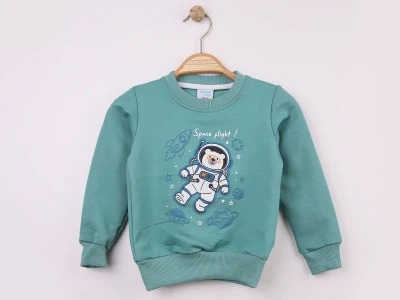 Toptan WENGE KİDS Ayıcık Baskılı 2 İp Erkek Sweat  SUYEŞİLİ - Beniz Bebe