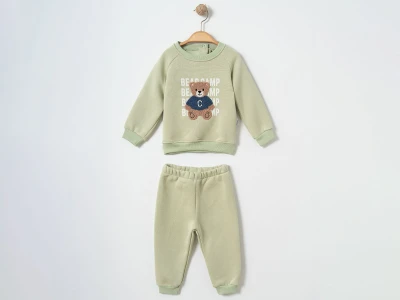 Toptan ÇITIR KİDS Ayıcık Baskılı 3 İp Şardonlu Erkek Bebe Takım  FISTIKYEŞİLİ - Beniz Bebe