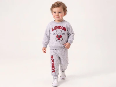 Toptan FEELY KİDS Ayıcık Baskılı 3 İp Şardonlu Erkek Takım  - Toptan Çocuk Giyim Beniz Kids