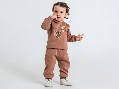Toptan PAMPAL KİDS Ayıcık Baskılı 3 İp Şardonlu Kız Bebe Takım  KAHVERENGİ - Beniz Bebe