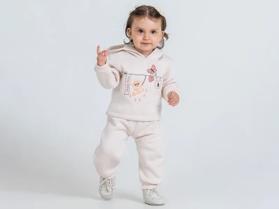 Toptan PAMPAL KİDS Ayıcık Baskılı 3 İp Şardonlu Kız Bebe Takım  BEYAZ - Beniz Bebe