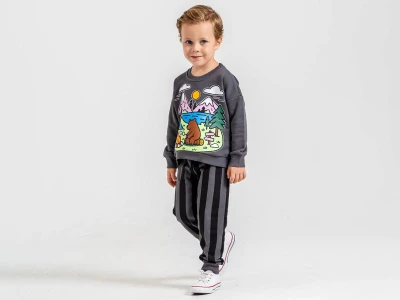 Toptan HARBY Ayıcık Baskılı 3 İp Şardonsuz Erkek Takım  - Toptan Çocuk Giyim Beniz Kids