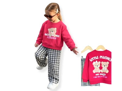 Toptan UNİCORN Ayıcık Baskılı 3 İp Şardonsuz Kız Takım - Toptan Çocuk Giyim Beniz Kids