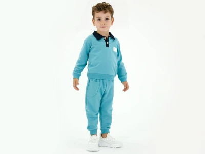 Toptan BICIR KİDS Ayıcık Baskılı Armalı Yakalı Erkek Takım - Toptan Çocuk Giyim Beniz Kids