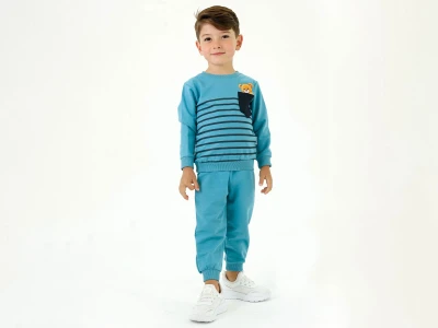 Toptan BICIR KİDS Ayıcık Baskılı Cepli Çizgi Desenli Erkek Takım  - Toptan Çocuk Giyim Beniz Kids