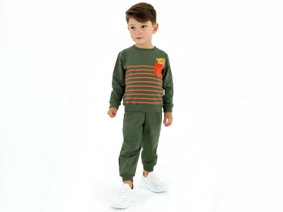 Toptan BICIR KİDS Ayıcık Baskılı Cepli Çizgi Desenli Erkek Takım  YEŞİL - Beniz Bebe