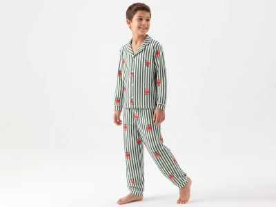 Toptan DOLAŞ Ayıcık Baskılı Çizgili Düğmeli Yakalı Erkek Takım   - Toptan Çocuk Giyim Beniz Kids