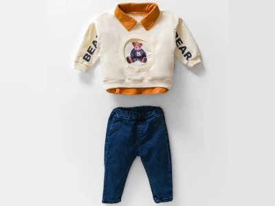 Toptan BAM-BİNO Ayıcık Baskılı Erkek Bebe Takım  TURUNCU - Beniz Bebe