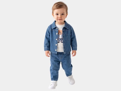 Toptan BAM-BİNO Ayıcık Baskılı Erkek Bebek Takım MAVİ - Beniz Bebe