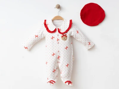 Ayıcık Baskılı Fiyonklu Şapkalı Kız Bebe Tulum 