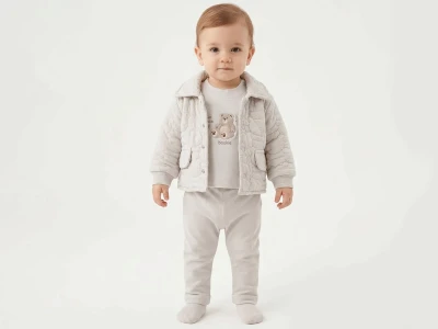 Ayıcık Baskılı Hırkalı Unisex Bebe Takım